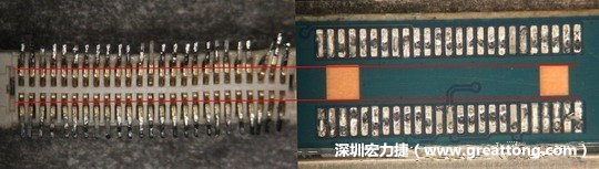 把板對板連接器與其電路板的佈線焊墊作一個比較，端子的切斷面有毛邊的地方剛好對到了裸銅區。
