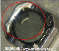 使用錫(Sn)鍍層的電源電感器(Power Inductors)，經(jīng)過推力測(cè)試后，其焊點(diǎn)還保留在零件的端點(diǎn)上，所以推力比較高。
