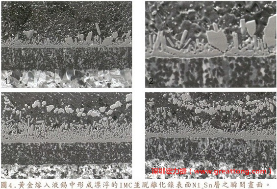 下面四張圖片為放大4500倍的SEM圖像，說明在回流焊爐熱量不足的情況下，黃金成份正要從鎳層分離融入焊錫之中的瞬間，當零件遭受外力沖擊的時候就極有可能從這一整排AuSn、、AuSn2或AuSn4的IMC處裂開。