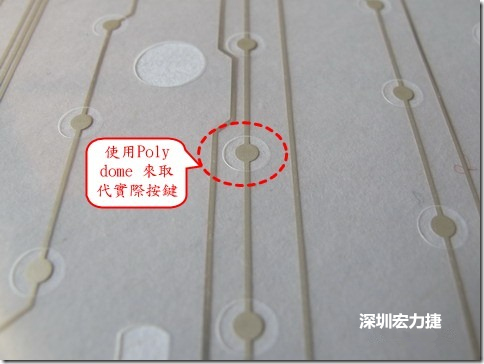 仔細看下面的第一張圖片，在圓形的節點旁邊有個圓形的開口，這個開口墊高了鍵盤按鍵的接觸點線路。