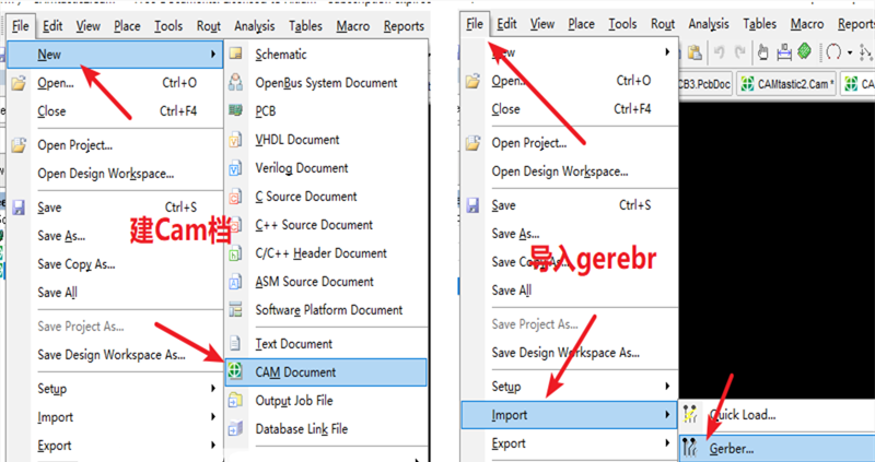 在File下新建 Cam檔，建后再File下導(dǎo)入Gerber文件，選擇所有文件導(dǎo)入gerber。